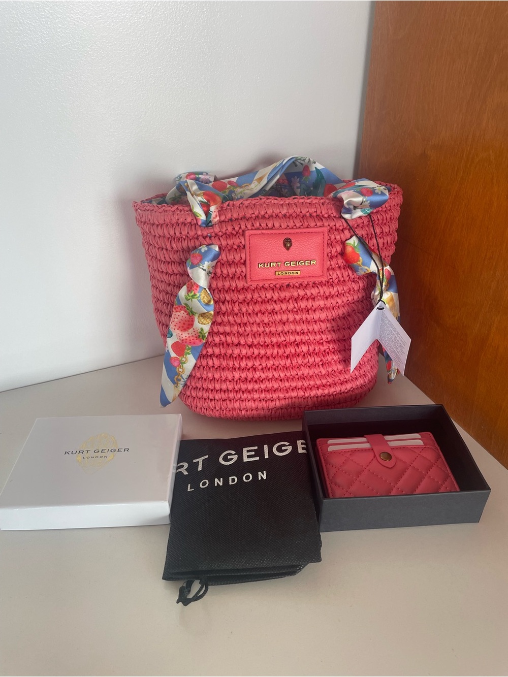 Kurt Geiger Coral Pink Woven Tote with Floral Scarf Handles and quilted wallet - Picture 8 of 8
